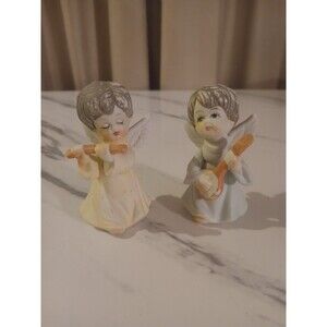 Vintage Homco Angel Figures Set of 2 Holding Musical Instruments Porcelain